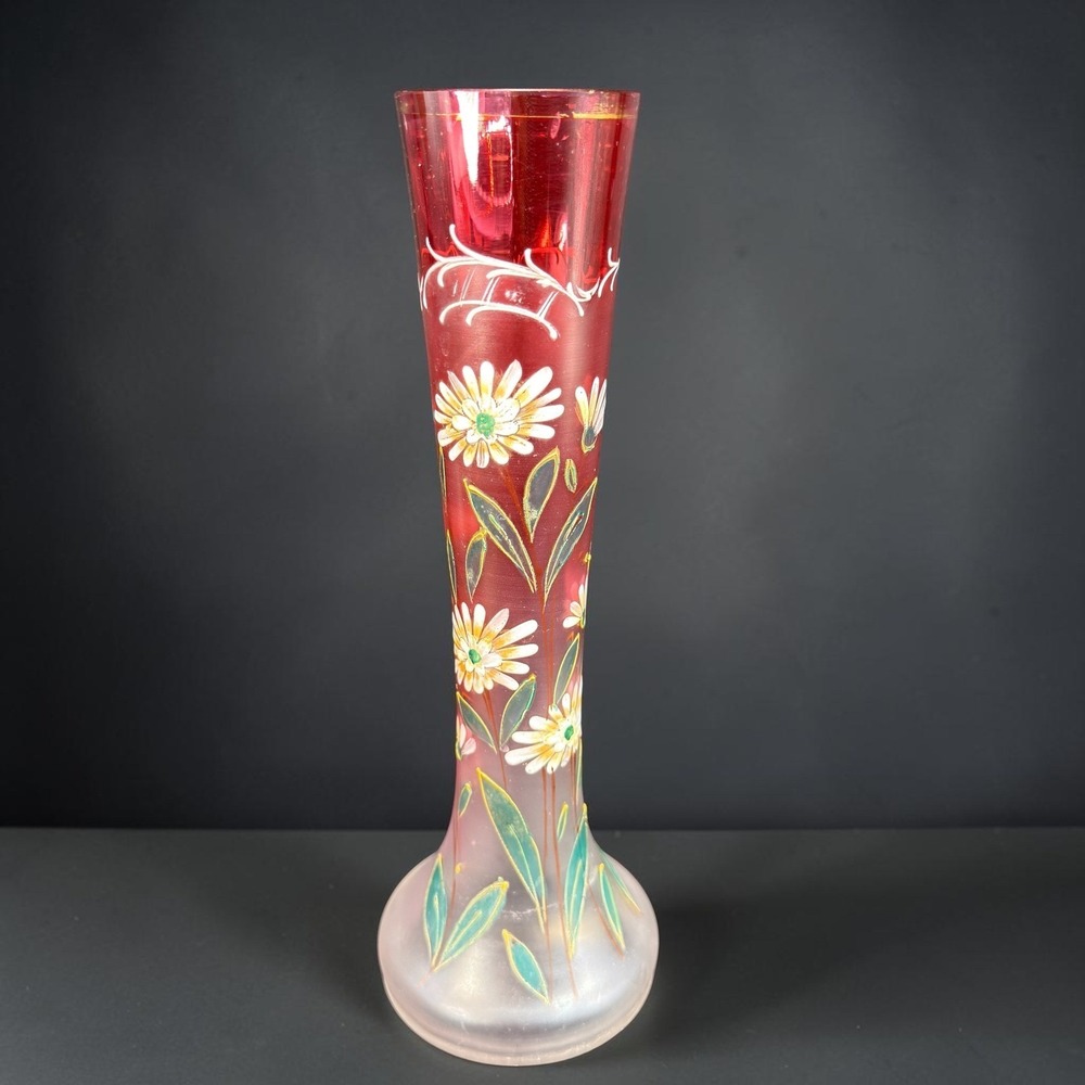 Satin Rubina Bohemian Cranberry Frosted Glass Enameled Daisy Vase 11.5 Inch